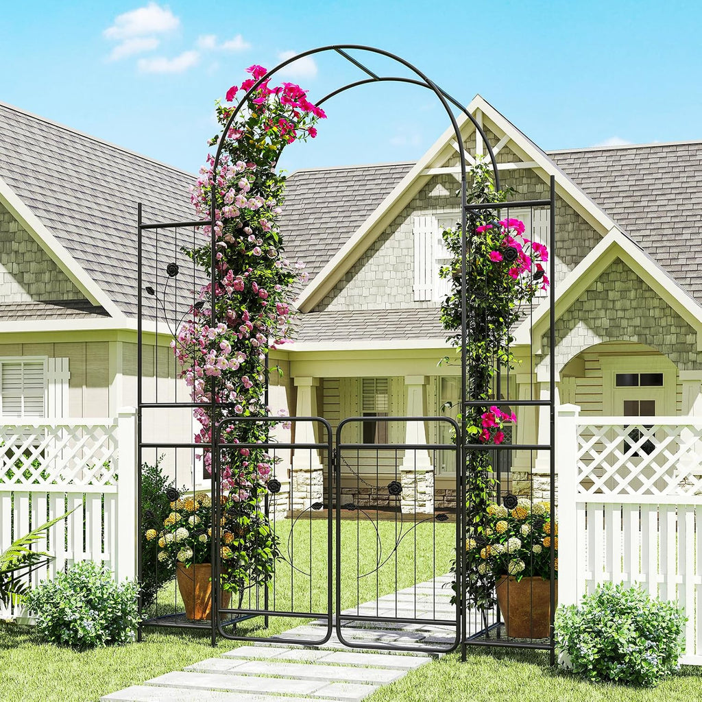 HAPPYGRILL 87' Garden Arbor with Gate, Garden Arch with Planter Shelves, Climbing Trellises, Metal Arbor Archway for Outdoor Climbing Plant Vine, Wedding Arch for Ceremony Backyard Patio Party Decor