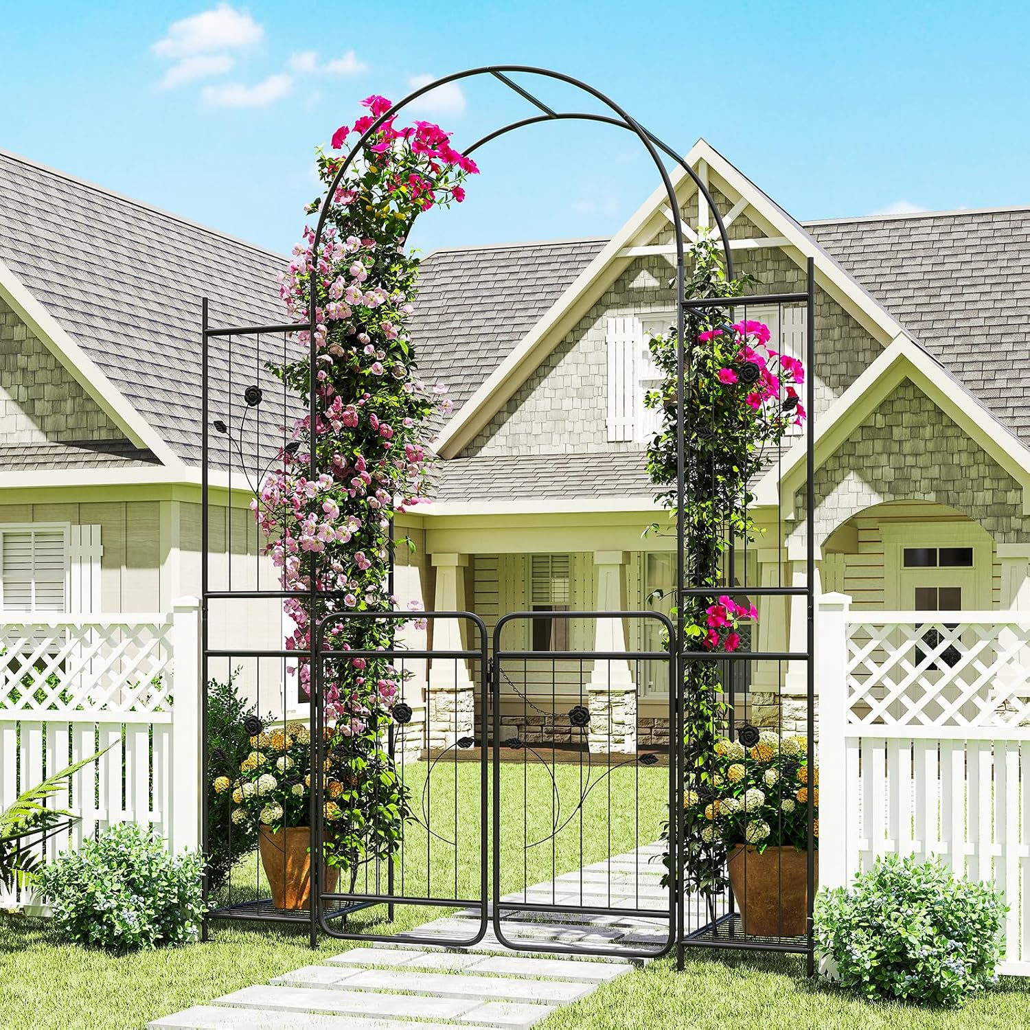 HAPPYGRILL 87' Garden Arbor with Gate, Garden Arch with Planter Shelves, Climbing Trellises, Metal Arbor Archway for Outdoor Climbing Plant Vine, Wedding Arch for Ceremony Backyard Patio Party Decor