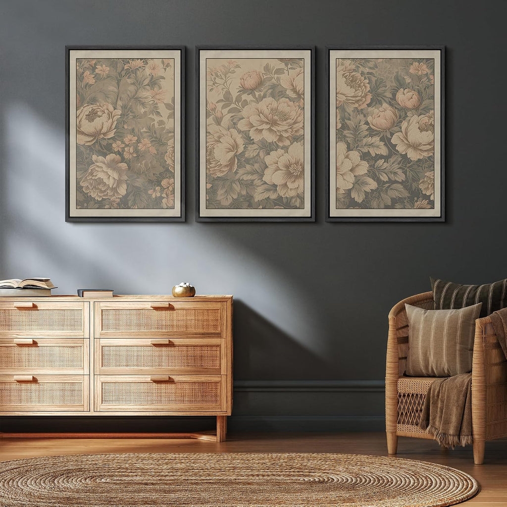 wall26 Framed Canvas Print Wall Art Set Antique Style Floral Beige and Blush Peony with Vintage Botanical Photography Modern Art Decorative for Living Room, Bedroom, Office - 24'x36'x3 Black