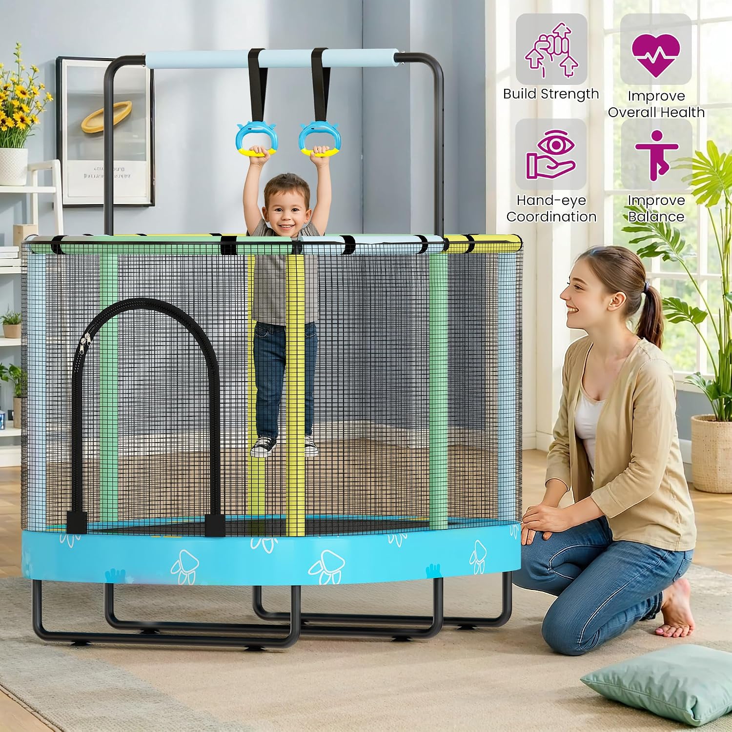 Lamerge Kids Trampoline, Indoor Trampoline Approved by ASTM, Safety Enclosure Net and Adjustable Handrail, 1-8 Children, 500lbs Capacity, 7-in-1, 60'