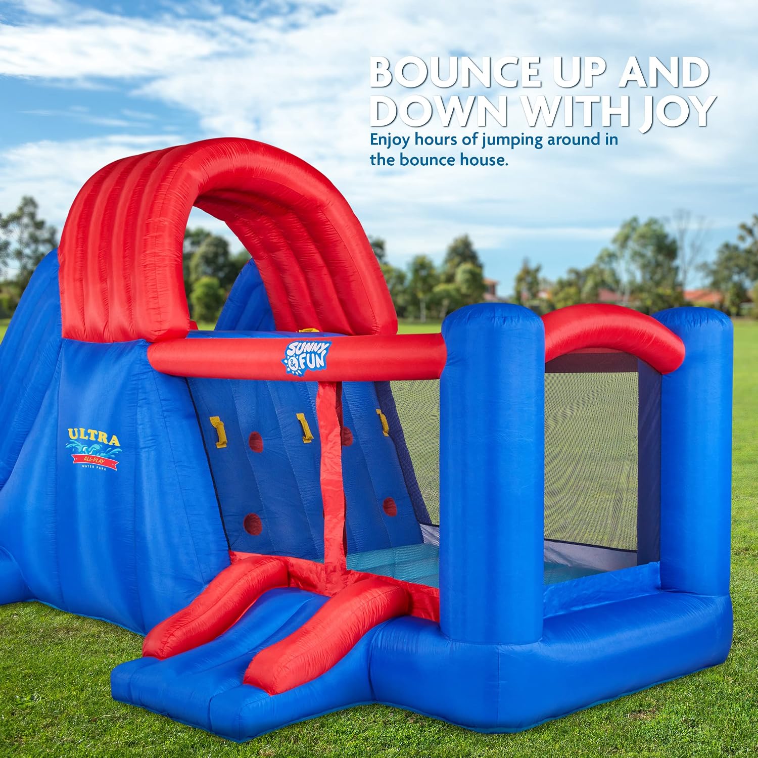 Sunny & Fun Ultra All-Play Inflatable Water Slide Park – Heavy-Duty for Outdoor Fun - Climbing Wall, Slides, Bounce House, Volley Net, Hoop, Deep Pool – Inflate w/Included Air Pump & Carrying Case