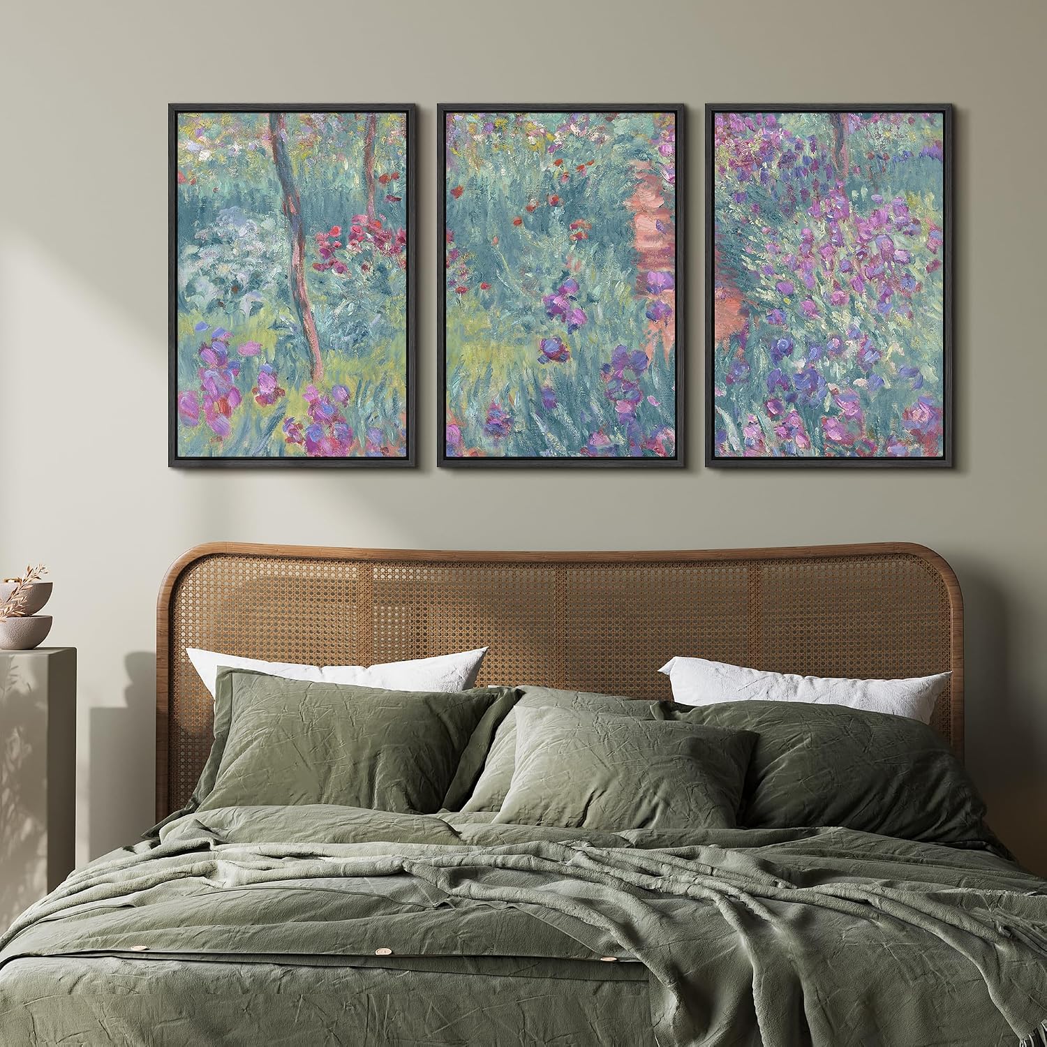 wall26 Framed Canvas Print Wall Art Set Monet-Inspired Garden Path Impressionist Floral Illustrations Modern Art Decorative Floral Botanical Minimal for Bedroom - 24'x36'x3 Black