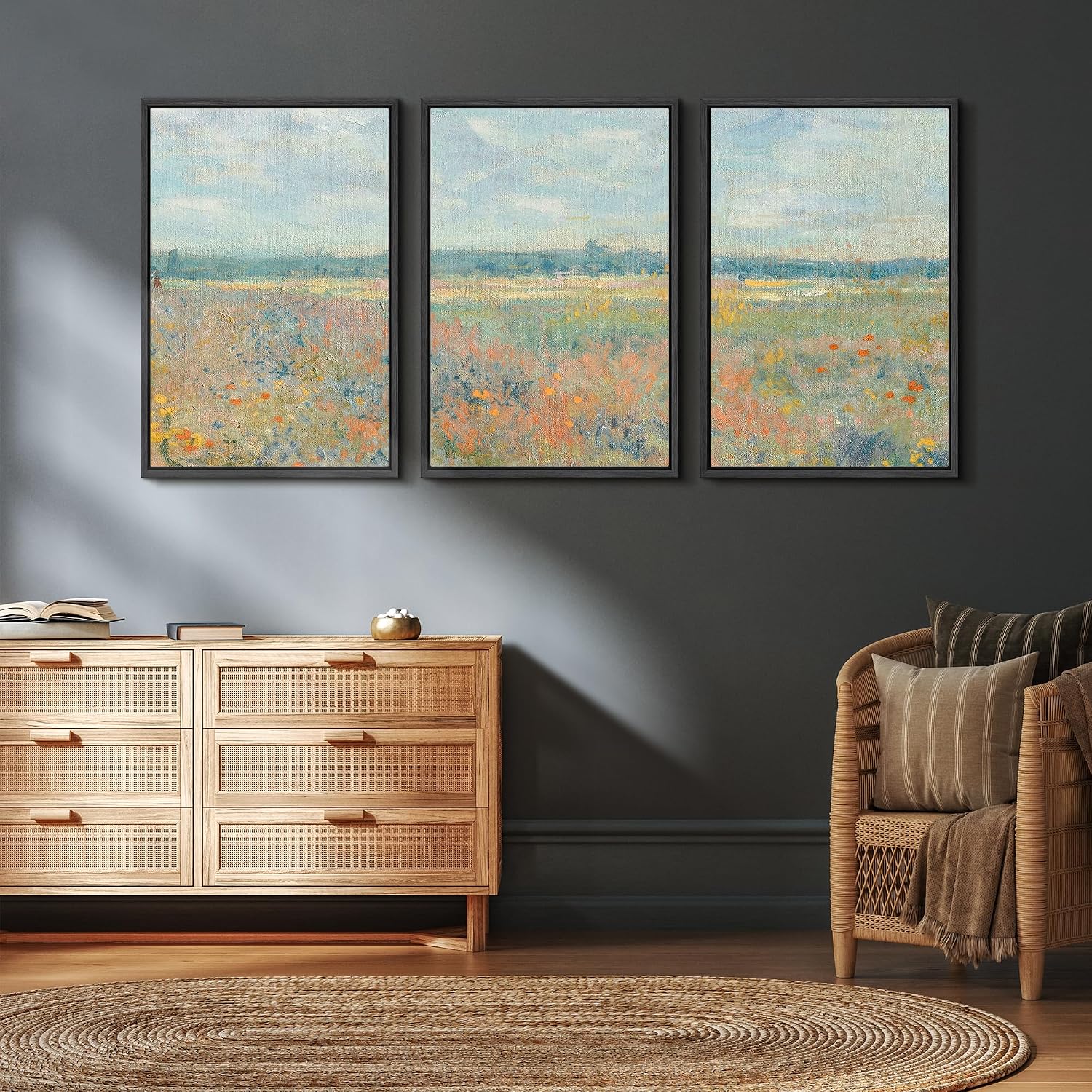 wall26 Framed Canvas Print Wall Art Set Wildflower Field Panorama Impressionist Landscape Illustrations Modern Art Decorative Floral Botanical Minimal for Bedroom - 24'x36'x3 Black