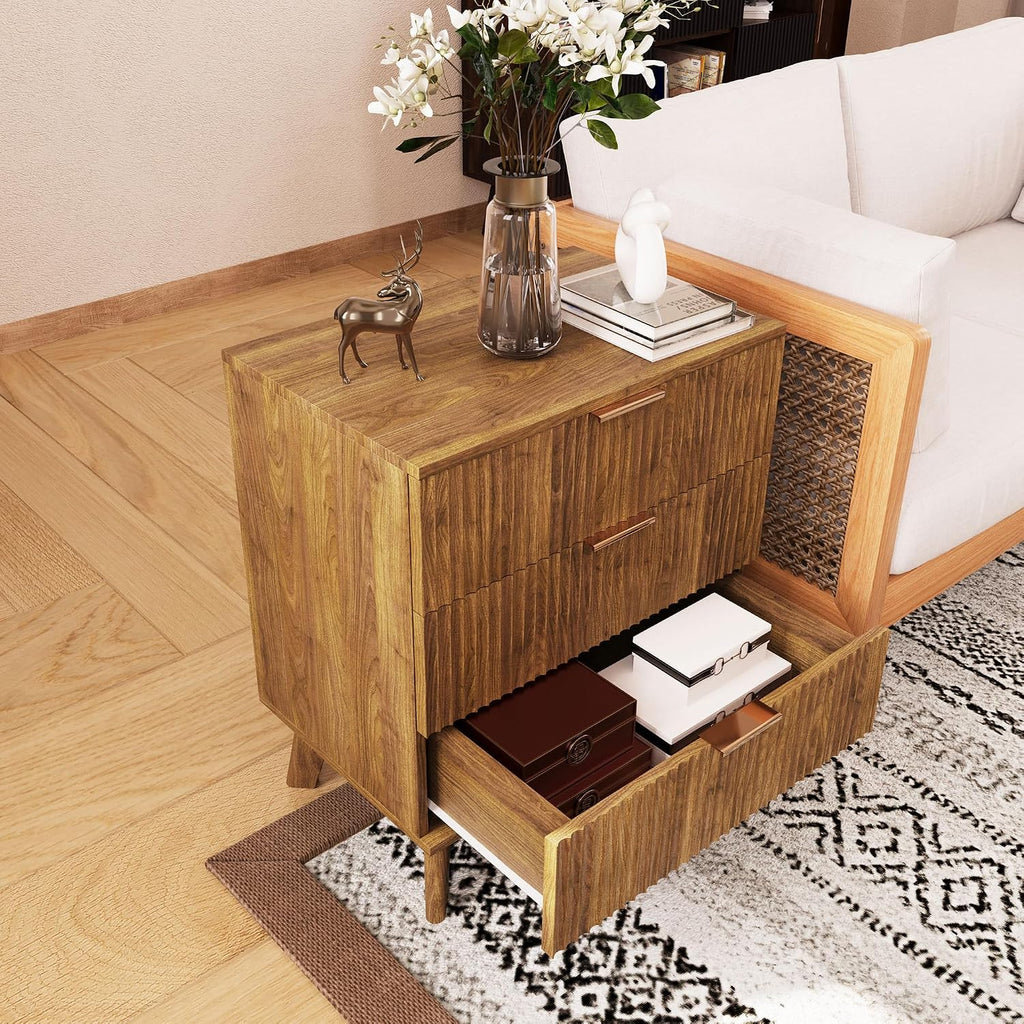 Mid-Century 3 Drawers Bedside Table Cabinet, Modern Nightstand with 3 Drawer and Solid Wood Legs, Contemporary 3-Drawer Dresser, Mid Century Nightstand with 3 Storage Drawer for Bedroom (Walnut)
