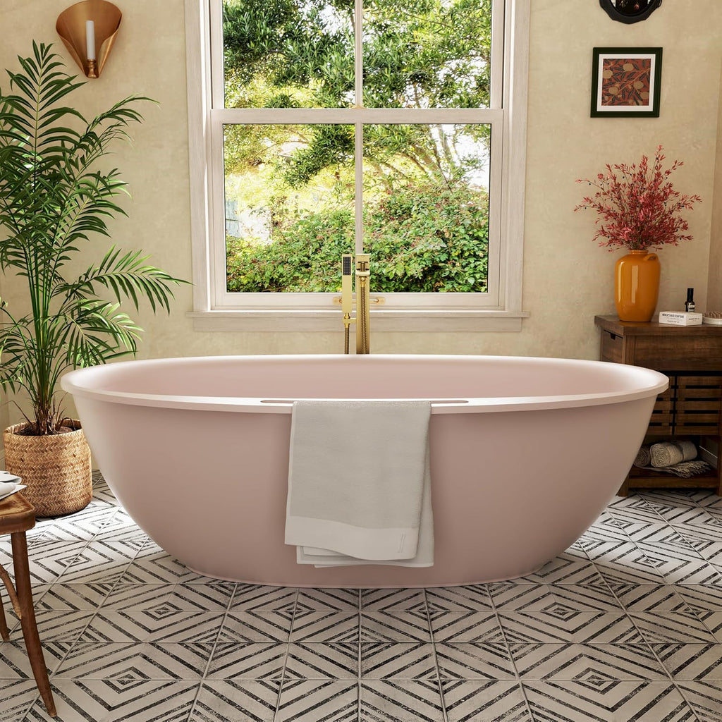 CASAINC 67' Solid Surface Free Standing Tub Blush Beige Stone Resin Freestanding Bathtub Soaking Tub with Drain, Drain Hose & Sanding Paper
