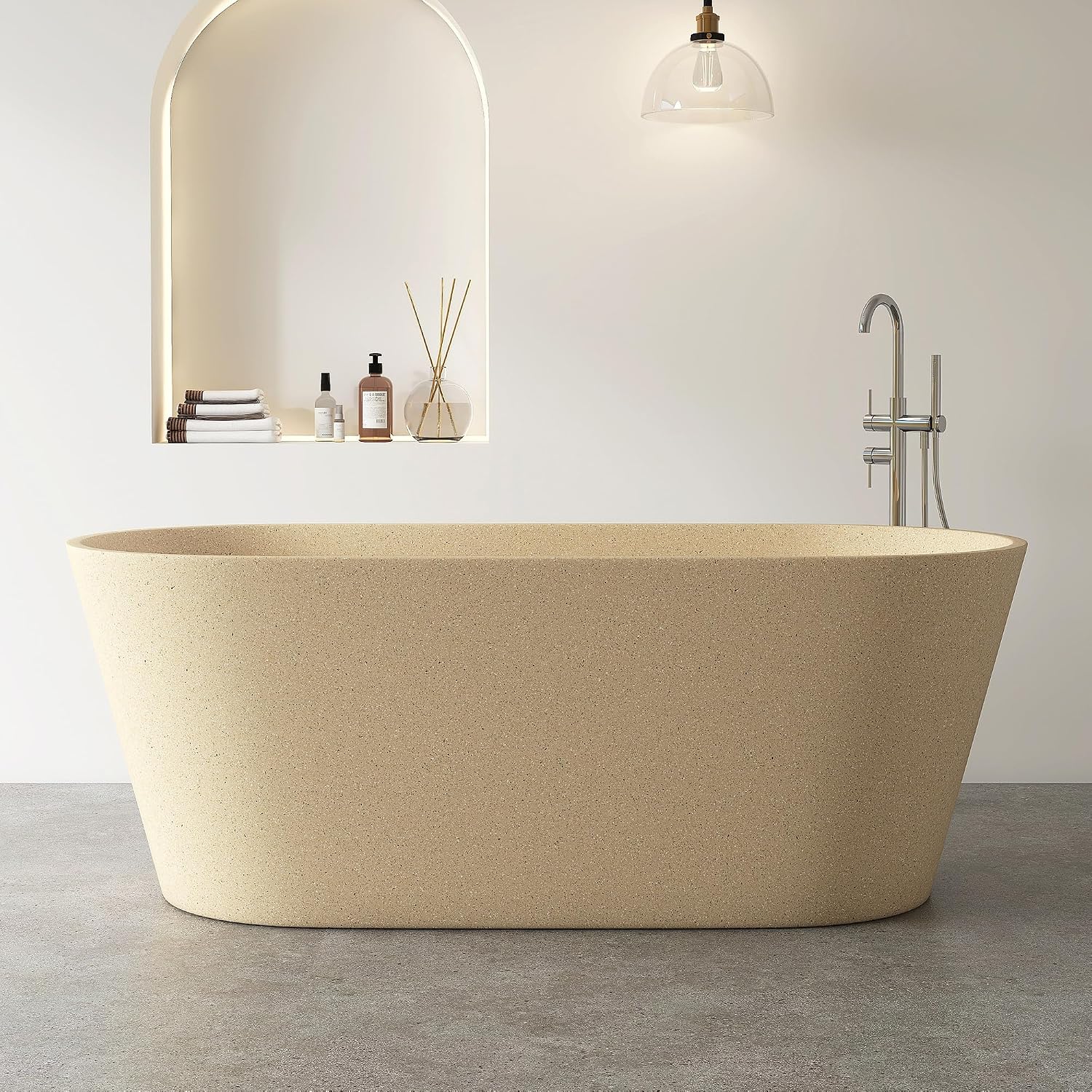 Terrazzo Free Standing Tub 59', Solid Surface Soaking Freestanding Bathtub, Stone Tub with Pop-up Drain