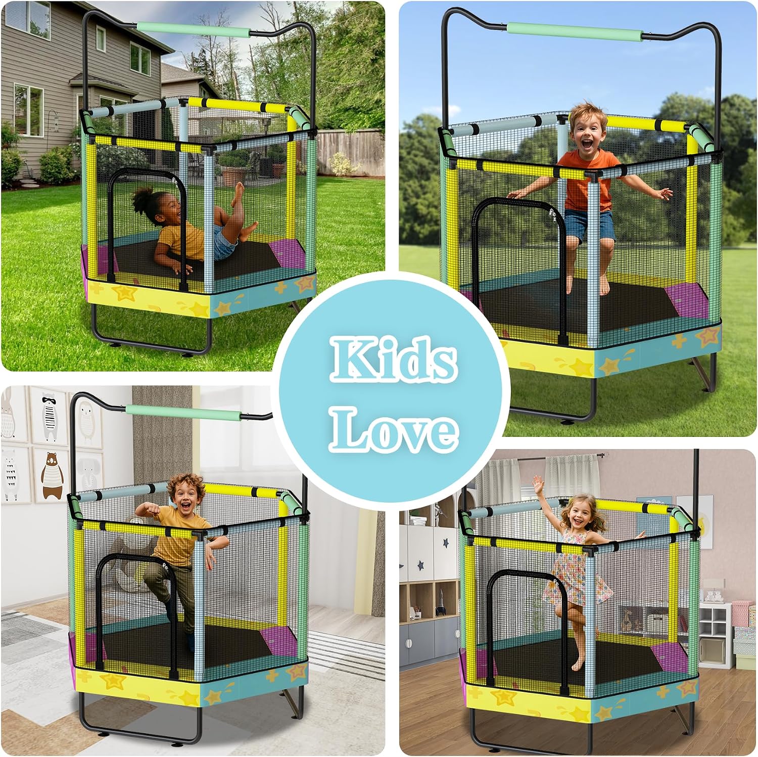 Lamerge Kids Trampoline, Indoor Trampoline Approved by ASTM, Safety Enclosure Net and Adjustable Handrail, 1-8 Children, 500lbs Capacity, 7-in-1, 60'