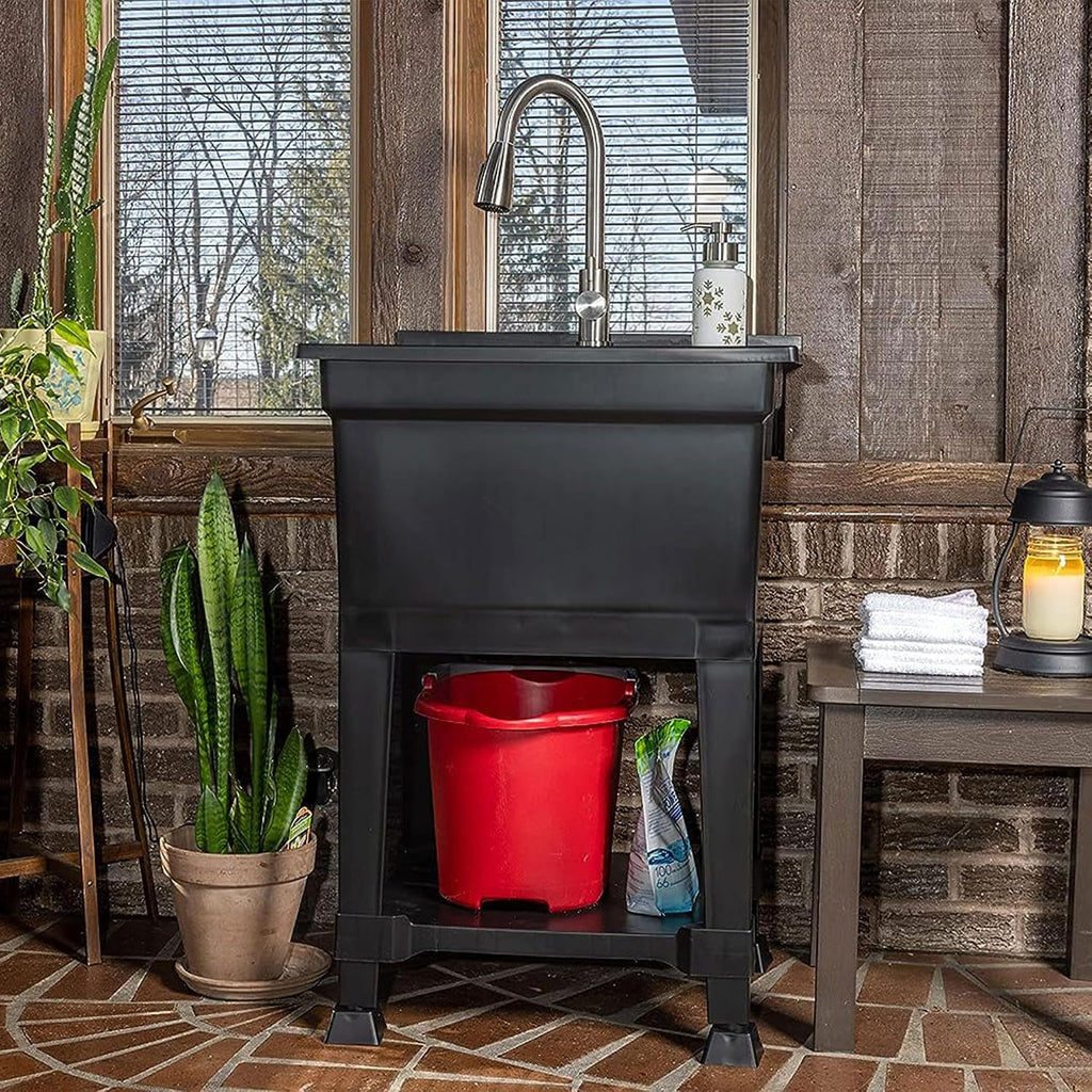 UTILITYSINKS Freestanding Utility Tub Sink with Quick Connect Drain, 24 x 24', Black - Portable and Compact Sink with Faucet for Outdoor Kitchen, Laundry Room, Garage, and Basement