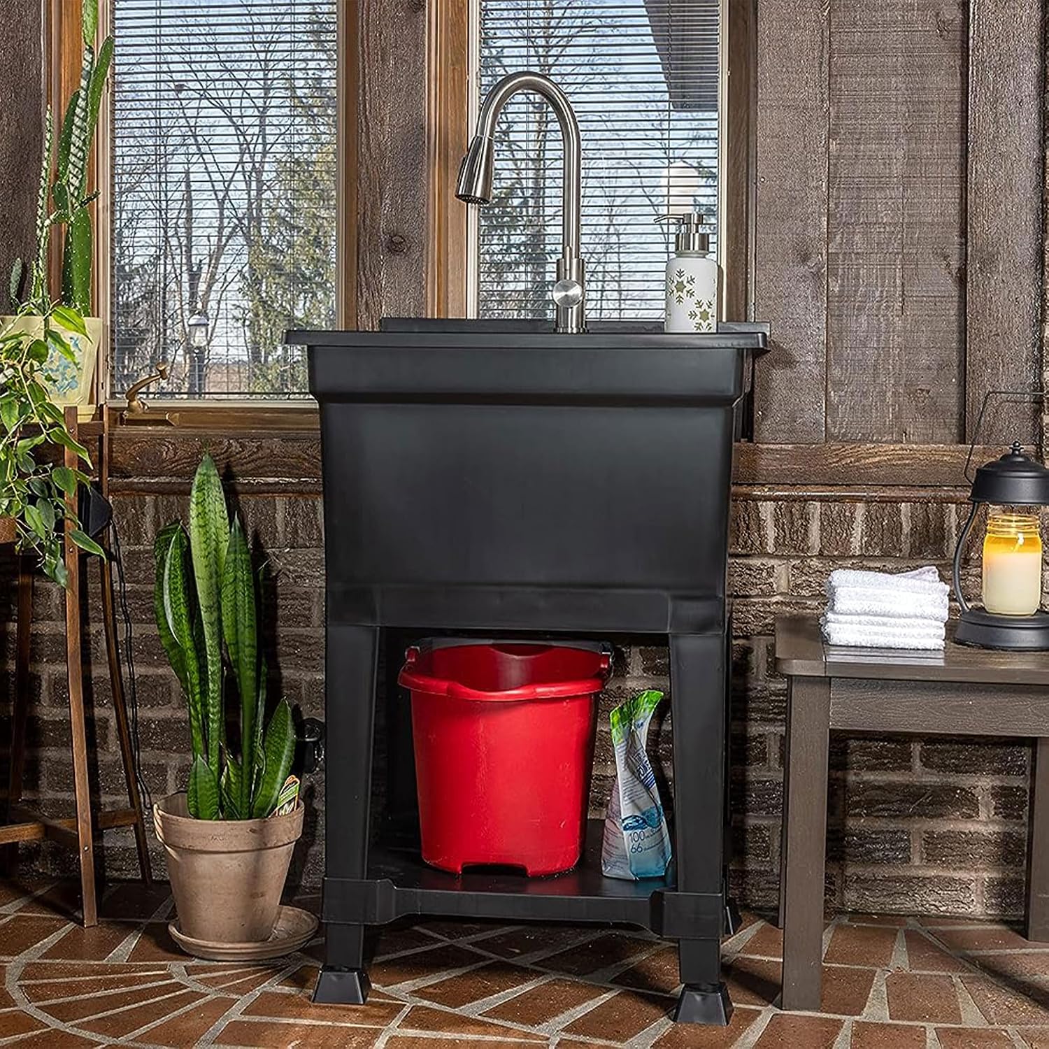 UTILITYSINKS Freestanding Utility Tub Sink with Quick Connect Drain, 24 x 24', Black - Portable and Compact Sink with Faucet for Outdoor Kitchen, Laundry Room, Garage, and Basement