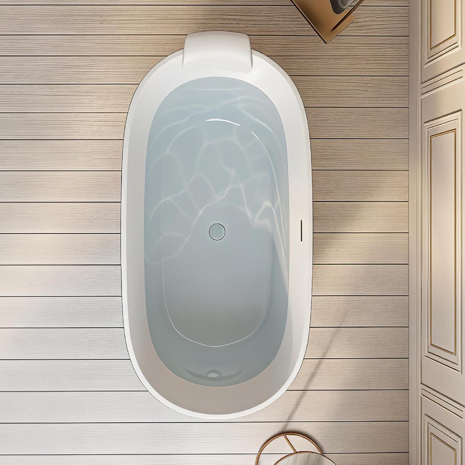 Transolid Finley 59 in. x 28.75 in. Freestanding Soaking Acrylic Bathtub with Center Drain in Gloss Two-Tone Marble Grey and White with Pillow K-AFTF5929-G31M40