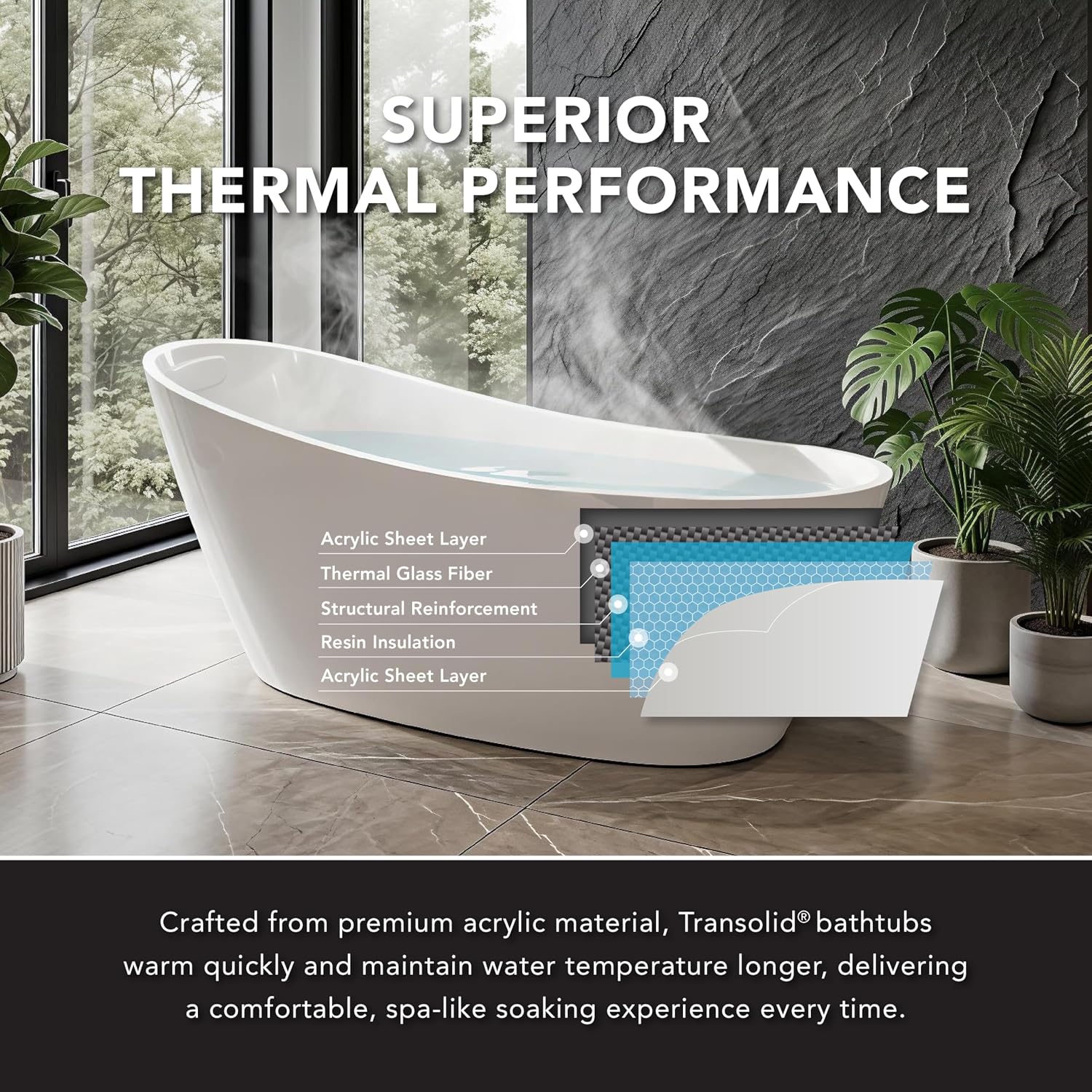 Transolid Freestanding Soaking Acrylic Bathtub with Center Drain | Bath Pillow | Non-Porous Acrylic | 10-Year Warranty (Gloss White, 59' Aaliyah)