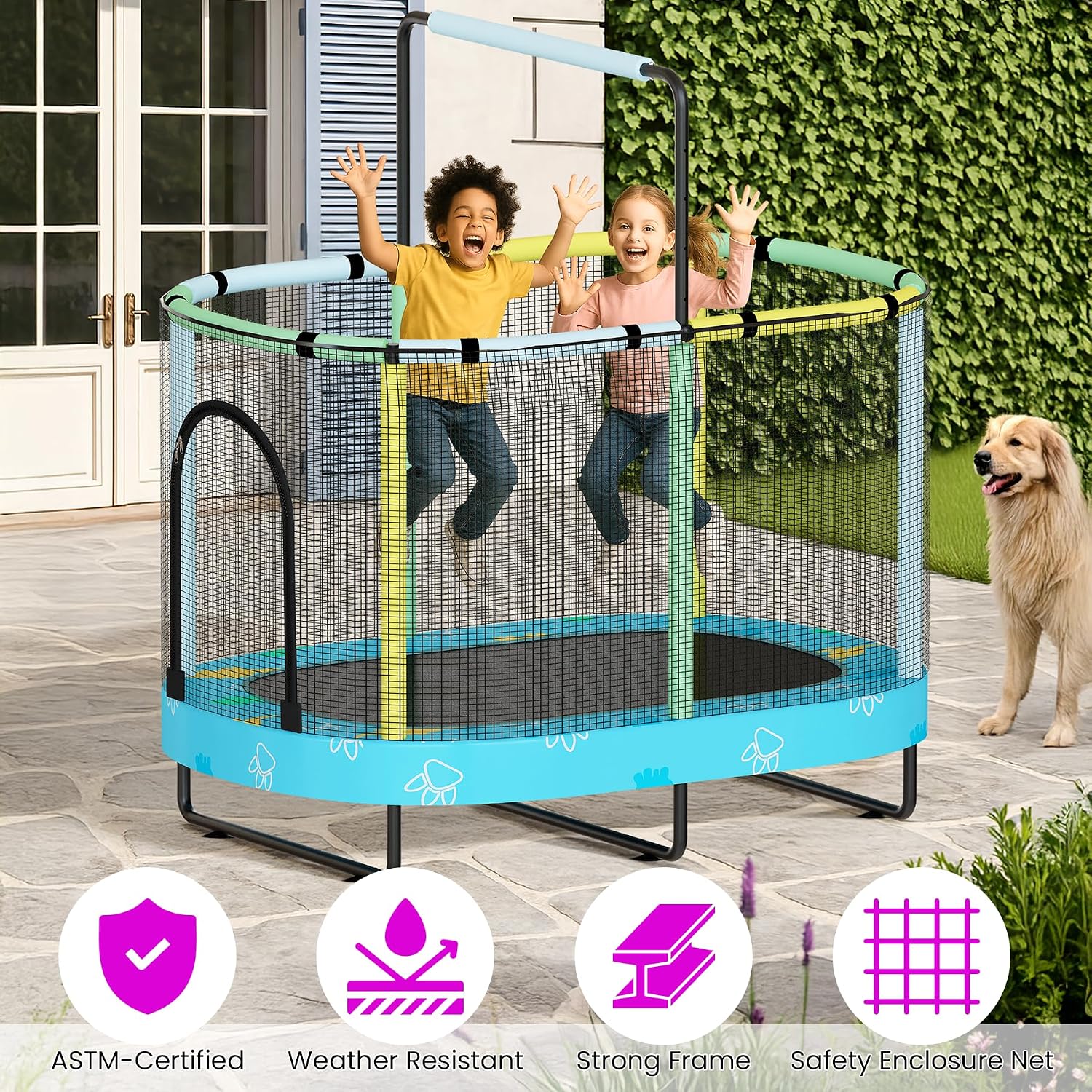 Lamerge Kids Trampoline, Indoor Trampoline Approved by ASTM, Safety Enclosure Net and Adjustable Handrail, 1-8 Children, 500lbs Capacity, 7-in-1, 60'