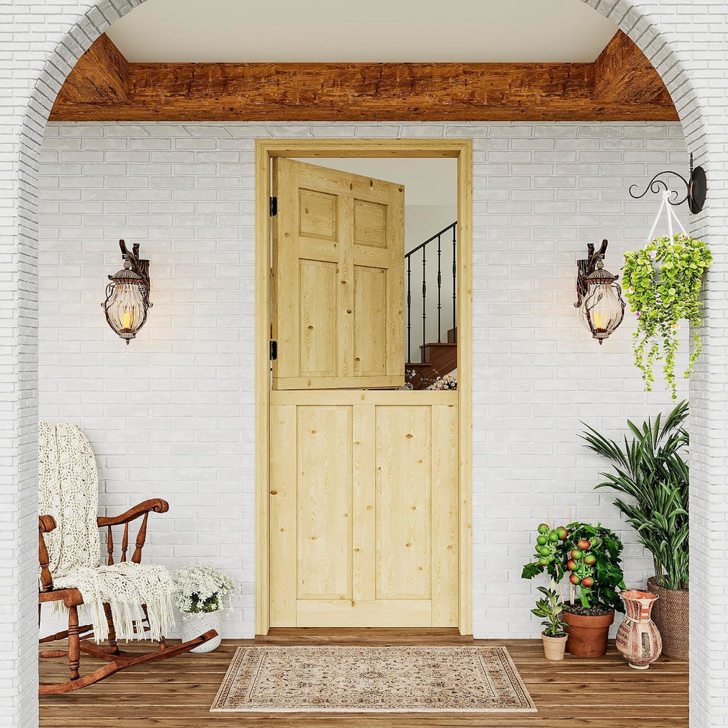 Exterior Dutch Door Slab, 32' x 80', Universal 6 Lite Panel Split Single Doors, Solid Core Home Door, Natural Pine Wood - with 4 Black Hinges & 1 Latch, Without Jamb