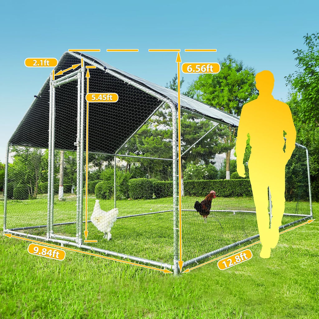 Large Metal Chicken Coop, Chicken Runs for Yard with Cover Walk-in Poultry Cage for 10 20 Chickens, Chicken Pen Duck Coop with Water-Resident Top and Feeding Door, Spire Hen House 12.8Lx9.84Wx6.6H FT