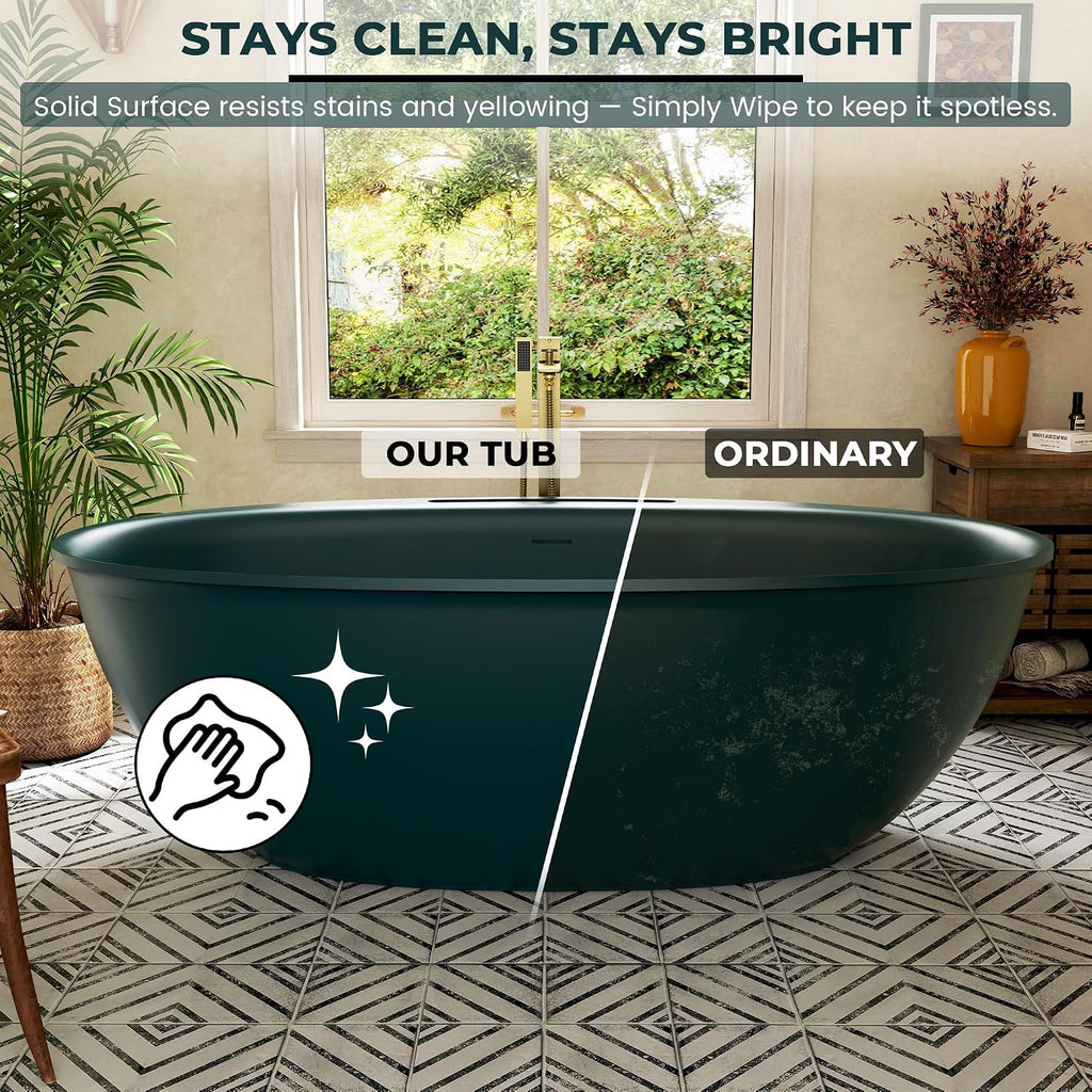 CASAINC 63' Solid Surface Free Standing Tub Deep Teal Stone Resin Freestanding Bathtub Soaking Tub with Drain, Drain Hose & Sanding Paper