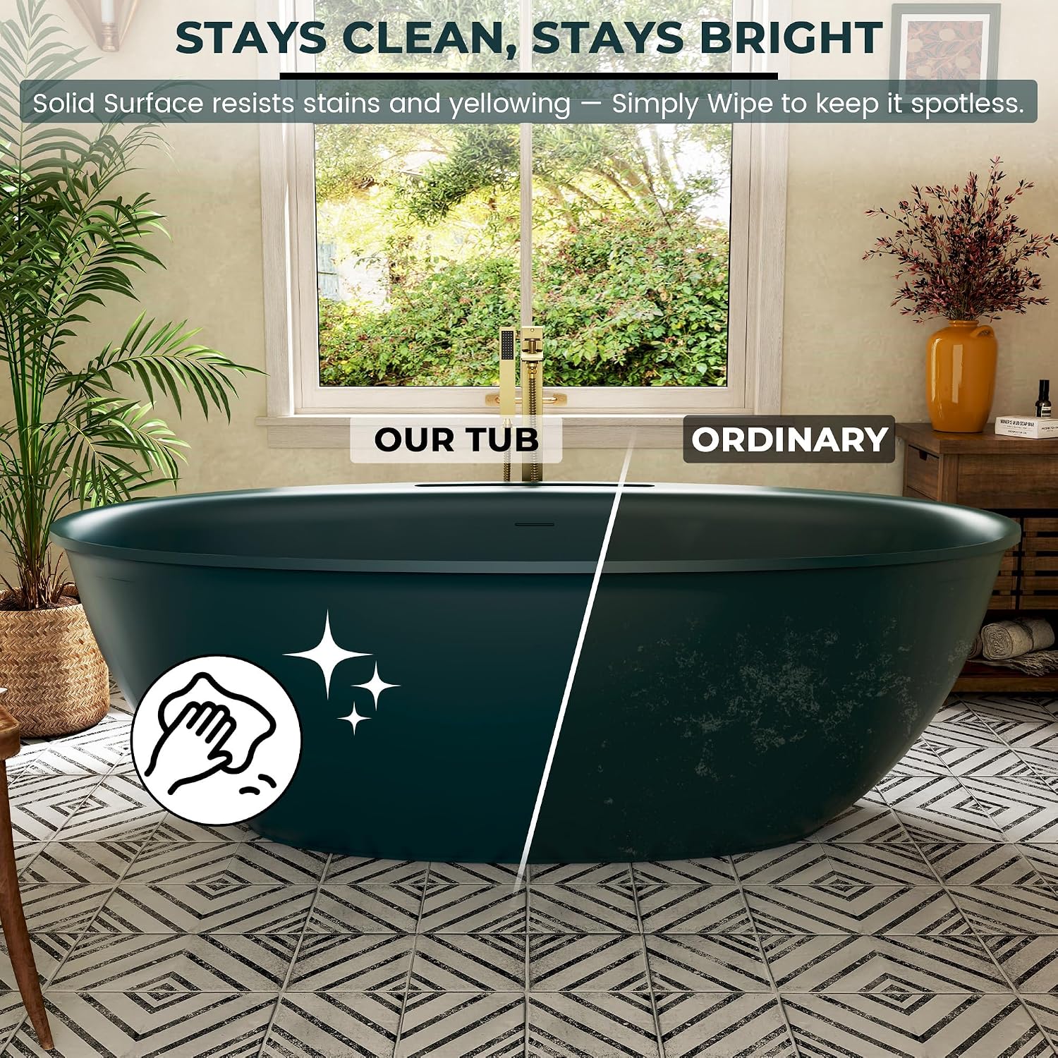 CASAINC 63' Solid Surface Free Standing Tub Deep Teal Stone Resin Freestanding Bathtub Soaking Tub with Drain, Drain Hose & Sanding Paper