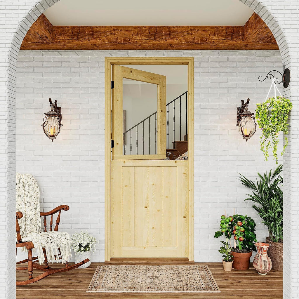 32' x 80' Exterior Prehung Dutch Door, Universal 1 Lite Tempered Clear Glass Split Single Doors, Solid Core Home Entry Door, Natural Pine Wood - with 4 Hinges & 1 Latch & Jamb, Jamb Assembly Needed