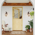 32' x 80' Exterior Prehung Dutch Door, Universal 1 Lite Tempered Clear Glass Split Single Doors, Solid Core Home Entry Door, Natural Pine Wood - with 4 Hinges & 1 Latch & Jamb, Jamb Assembly Needed