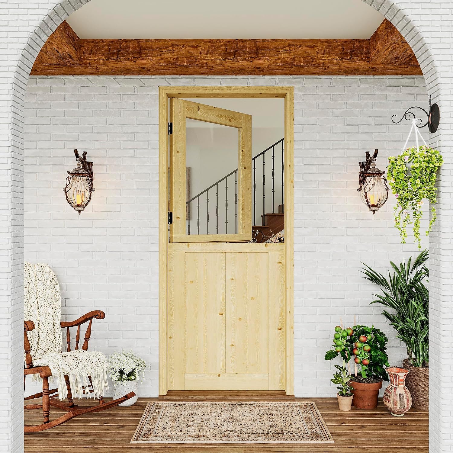 32' x 80' Exterior Prehung Dutch Door, Universal 1 Lite Tempered Clear Glass Split Single Doors, Solid Core Home Entry Door, Natural Pine Wood - with 4 Hinges & 1 Latch & Jamb, Jamb Assembly Needed