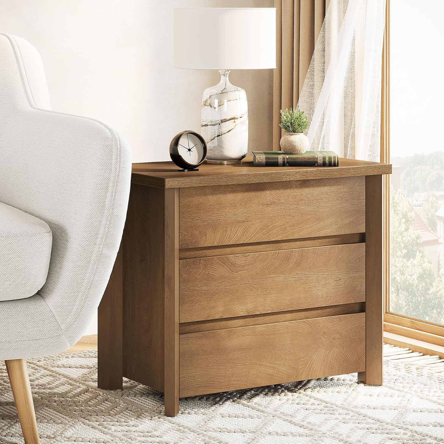 Tribesigns Oversized 3 Drawers Nightstand, Large Rustic Wood Night Stands with Storage for Bedroom and Small Spaces, Easy Assembly, Rustic Brown (1PCS)