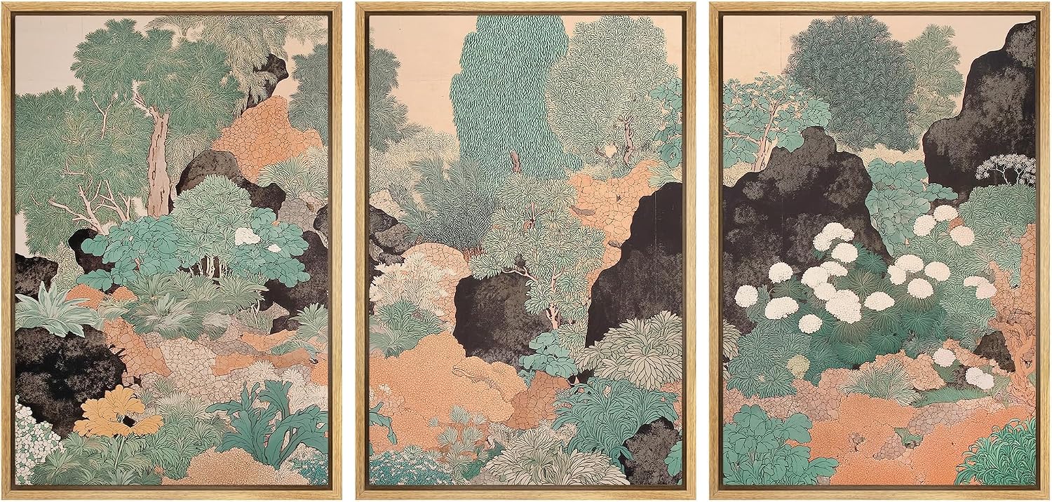 wall26 Framed Print Wall Art Set Vintage Japanese Garden Landscape Decorative Minimal Relax/Zen for Living Room, Bedroom, Office - 16'x24'x3 NATURAL