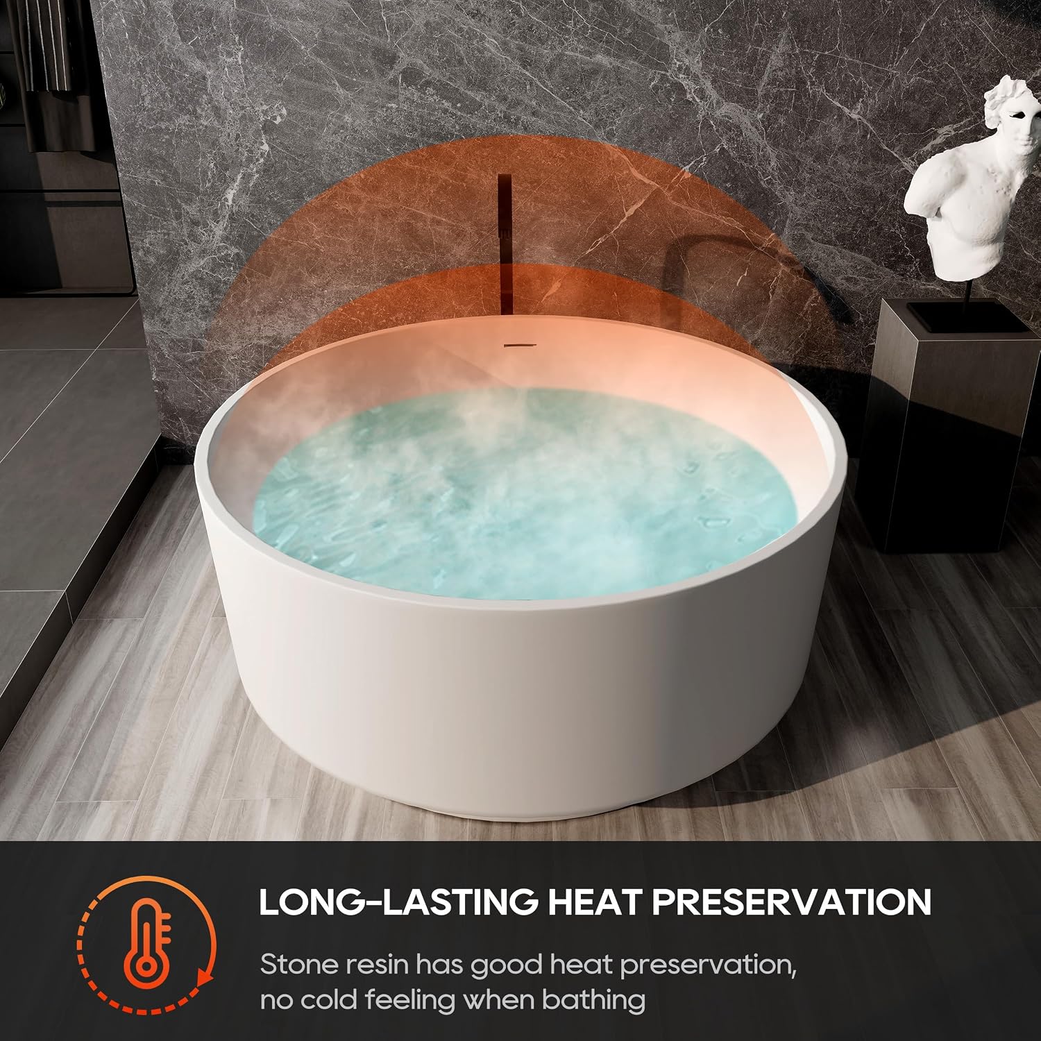 SJ Star&Jane 49' Round Freestanding Bathtub, Solid Surface Stone Resin Tub with Matte White Finish, Stand Alone Soaking Tub for Modern Bathroom