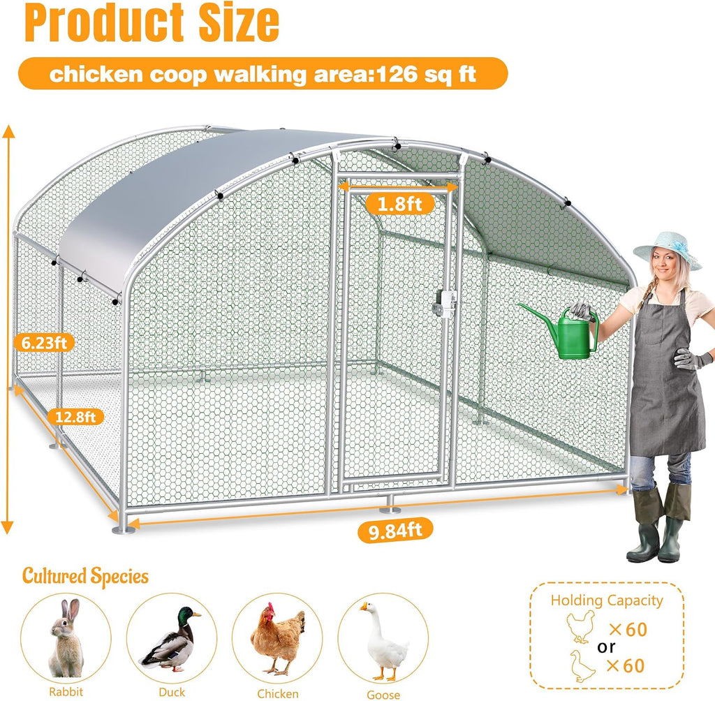 Large Metal Chicken Coop, Chicken Runs for Yard with Cover Walk-in Poultry Cage for 10 20 Chickens, Chicken Pen Duck Coop with Round Water-Resident Top and Feeding Door, Hen House 12.8Lx9.84Wx6.23H FT