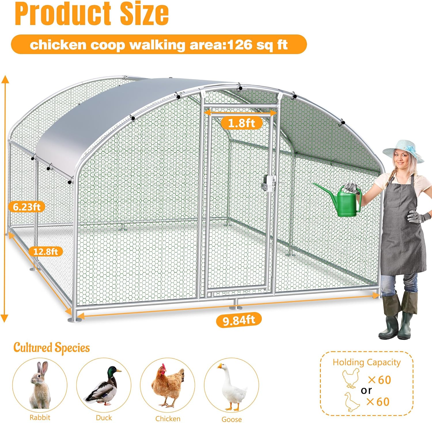 Large Metal Chicken Coop, Chicken Runs for Yard with Cover Walk-in Poultry Cage for 10 20 Chickens, Chicken Pen Duck Coop with Round Water-Resident Top and Feeding Door, Hen House 12.8Lx9.84Wx6.23H FT