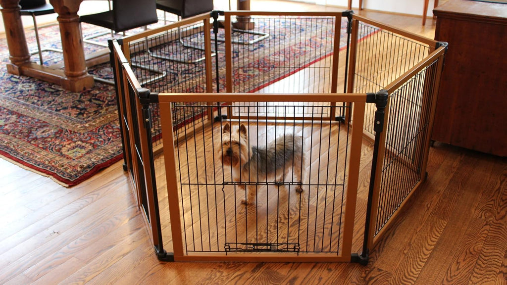 Cardinal Gates Pet Gate - Dog Playpen Indoor - Pet/Puppy Exercise Pen Great for Containment - 5 Fixed Panels and One 2-Part Panel with a Latch - Highly Configurable - USA Based