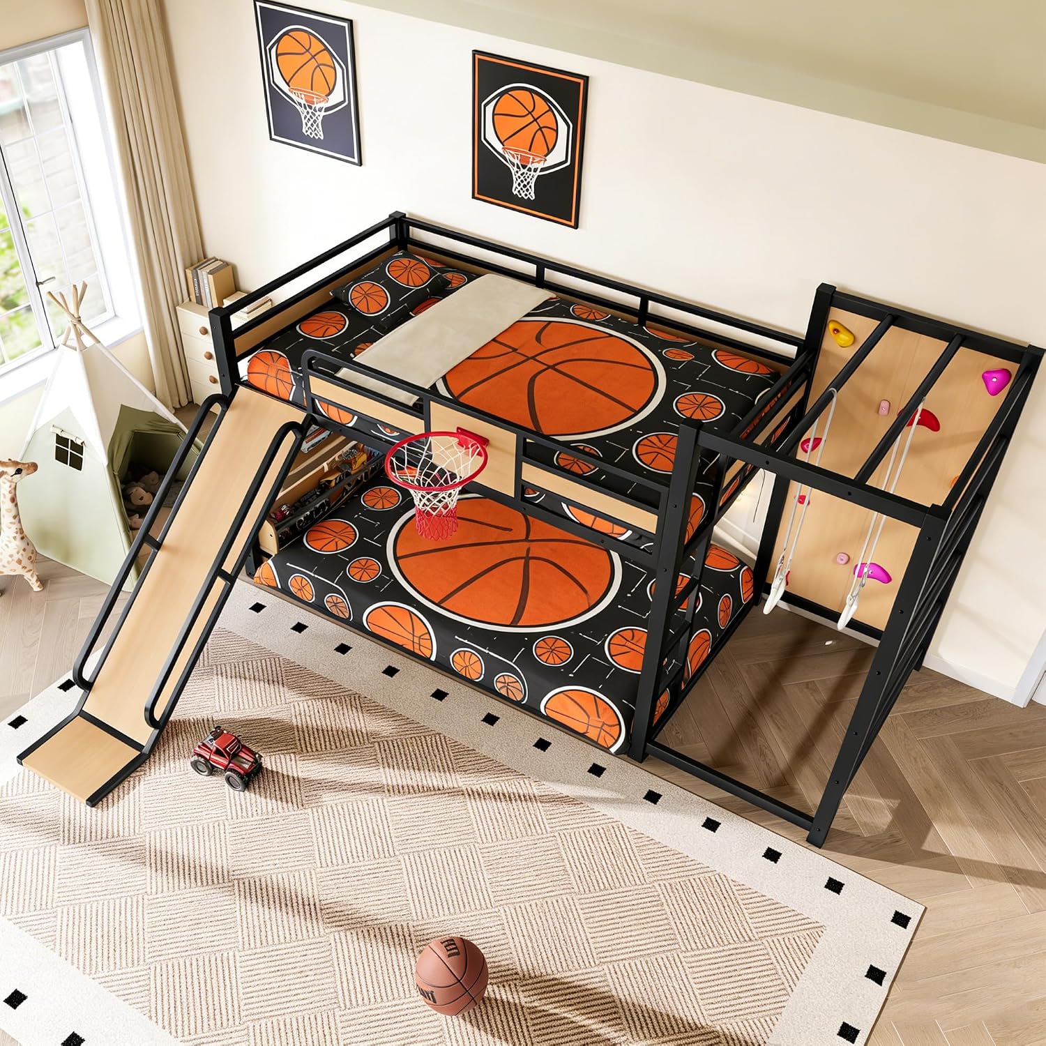 Bellemave Metal Full Over Full Bunk Bed Frame with Slide,Full Size Floor Bunk Bed and Basketball Hoop,Pull-up Rings and Climbing Wall,Heavy Duty Bunk Beds with Bookshelves for Kids Girls Boys,Natural