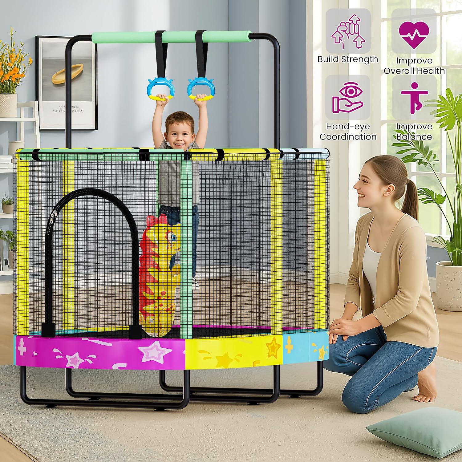 Lamerge Kids Trampoline, Indoor Trampoline Approved by ASTM, Safety Enclosure Net and Adjustable Handrail, 1-8 Children, 500lbs Capacity, 7-in-1, 60'