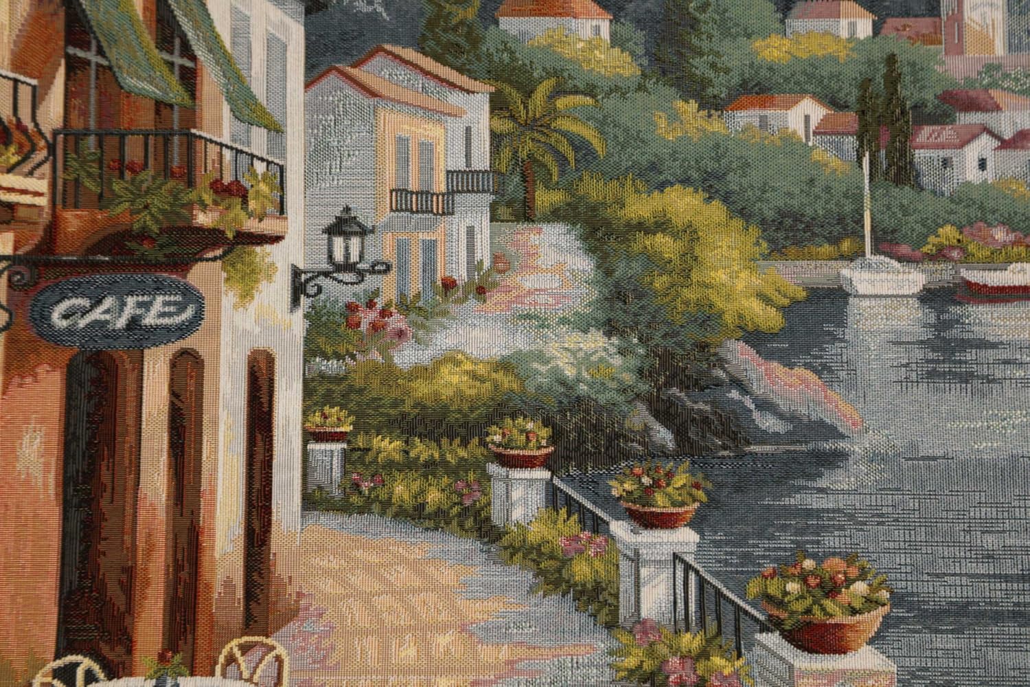 Charlotte Home Furnishings Inc Tapestry Wall Hanging, 27 x 57 Inch Cafe By Lake Como Wall Art, Jacquard Woven Boho Tapestry, Cotton Wall Tapestry for Bedroom, Living Room & Home Decor, European Soft Cotton Fabric