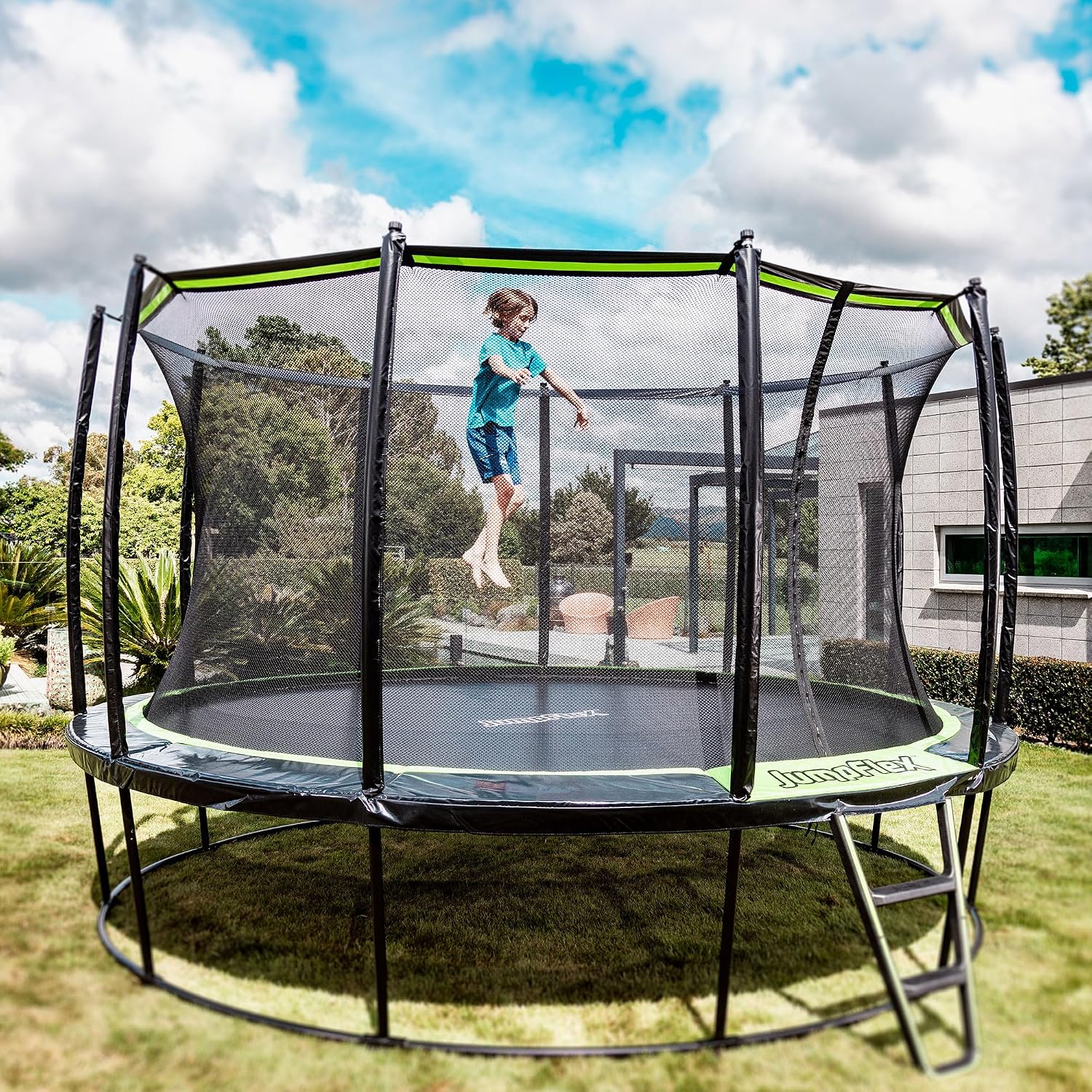 JumpFlex Hero Round Outdoor Backyard Trampoline with Net Safety Enclosure and Ladder - Heavy-Duty Jumping Trampoline Play Equipment for Family