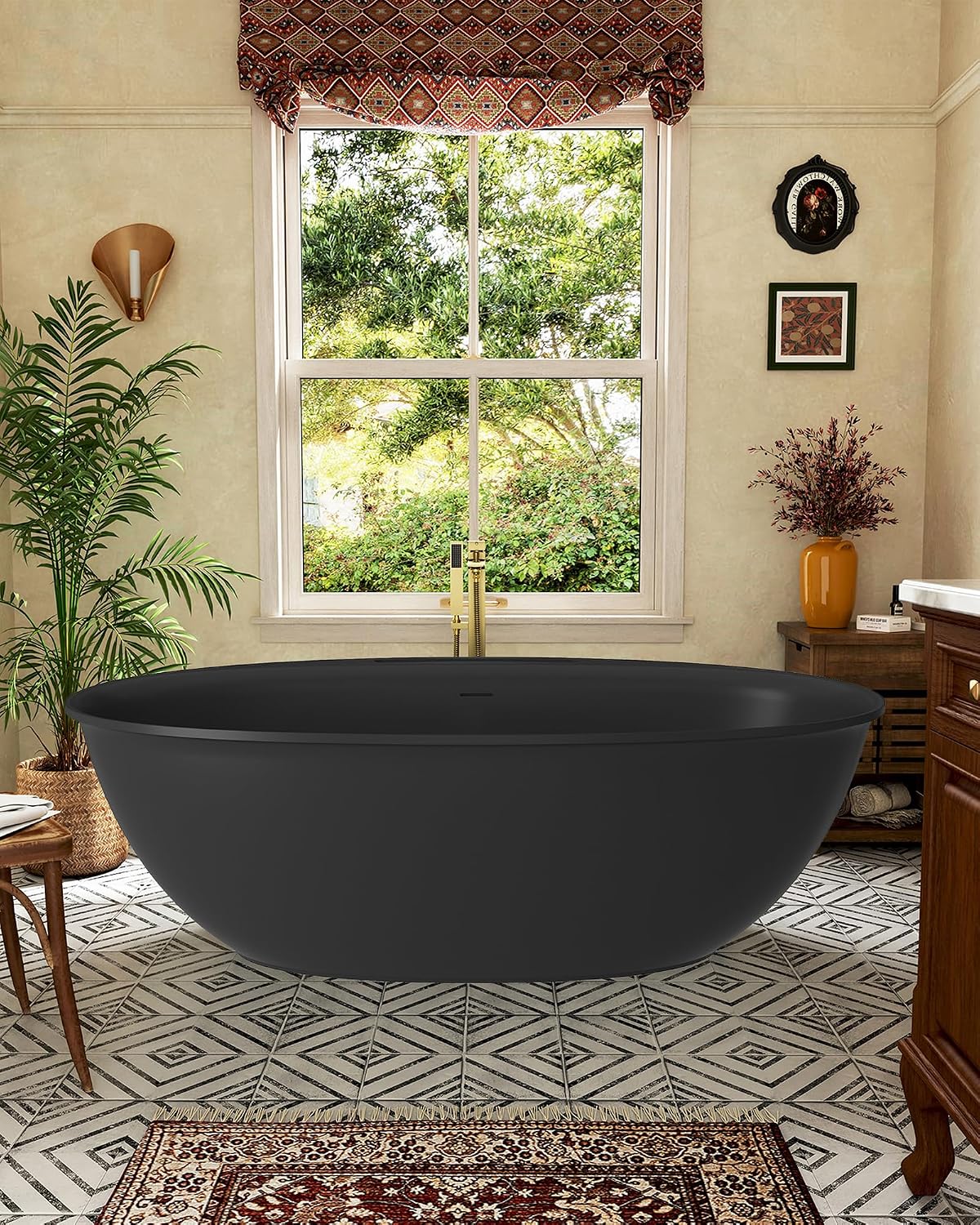 CASAINC 67' Large Space Free Standing Tub, Stone Resin Freestanding Bathtub Matte Black Solid Surface Soaking Tub with Drain, Drain Hose & Sanding Paper