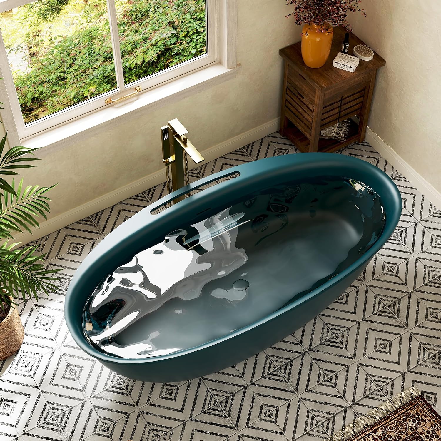 CASAINC 63' Solid Surface Free Standing Tub Deep Teal Stone Resin Freestanding Bathtub Soaking Tub with Drain, Drain Hose & Sanding Paper