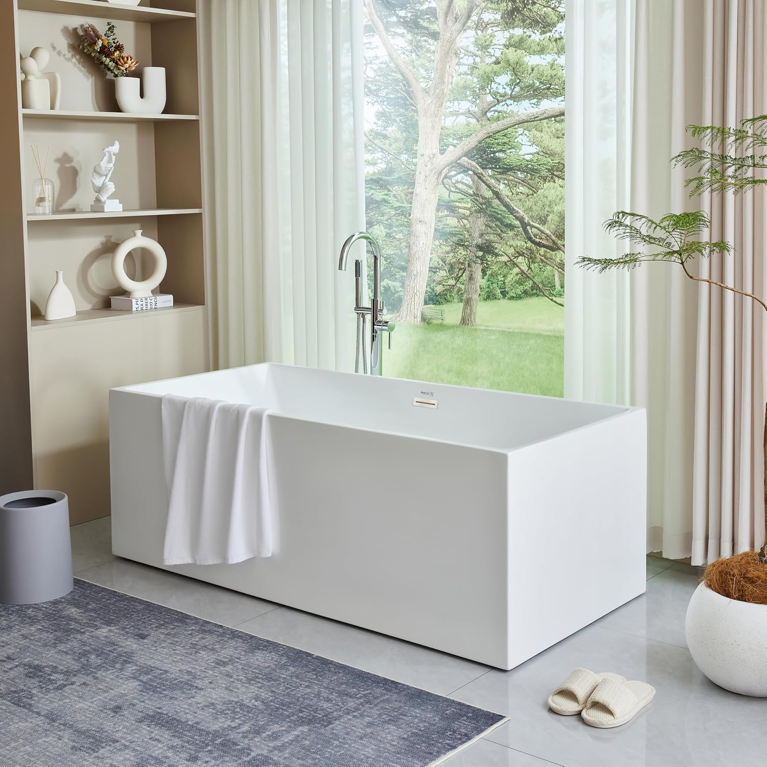 HomeBeyond 59 Inch Free Standing Bathtub | Acrylic Freestanding Bathtub Soaking Tub, Modern Bathroom Stand Alone Tub Suitable for Single Person Bathing, with Pop-up Drain Overflow