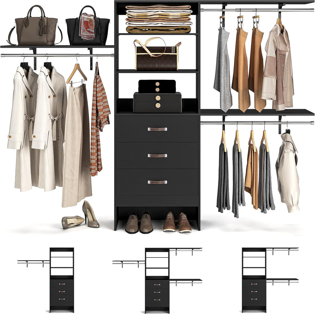 Armocity 96' Wood Closet System with 3 Enclosed Drawers & 3 Solid Shelves, 8FT Adjustable Closet Organizers and Storage, Heavy Duty Modular Wardrobe for Reach-In & Walk-In, 1000 LBS Load, Black