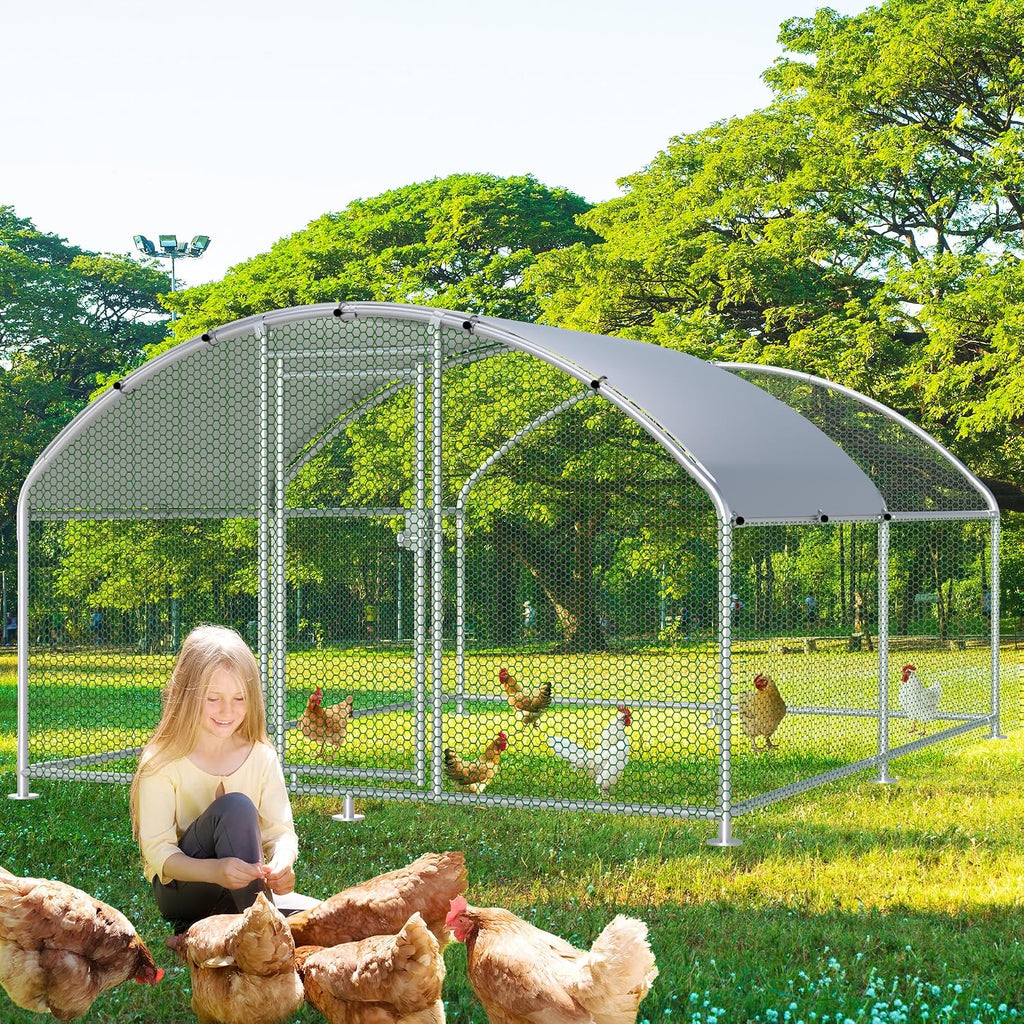 Large Metal Chicken Coop, Chicken Runs for Yard with Cover Walk-in Poultry Cage for 10 20 Chickens, Chicken Pen Duck Coop with Round Water-Resident Top and Feeding Door, Hen House 12.8Lx9.84Wx6.23H FT