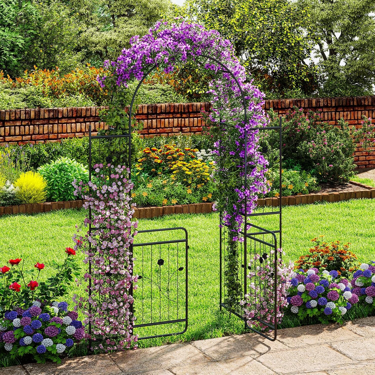 HAPPYGRILL 87' Garden Arbor with Gate, Garden Arch with Planter Shelves, Climbing Trellises, Metal Arbor Archway for Outdoor Climbing Plant Vine, Wedding Arch for Ceremony Backyard Patio Party Decor