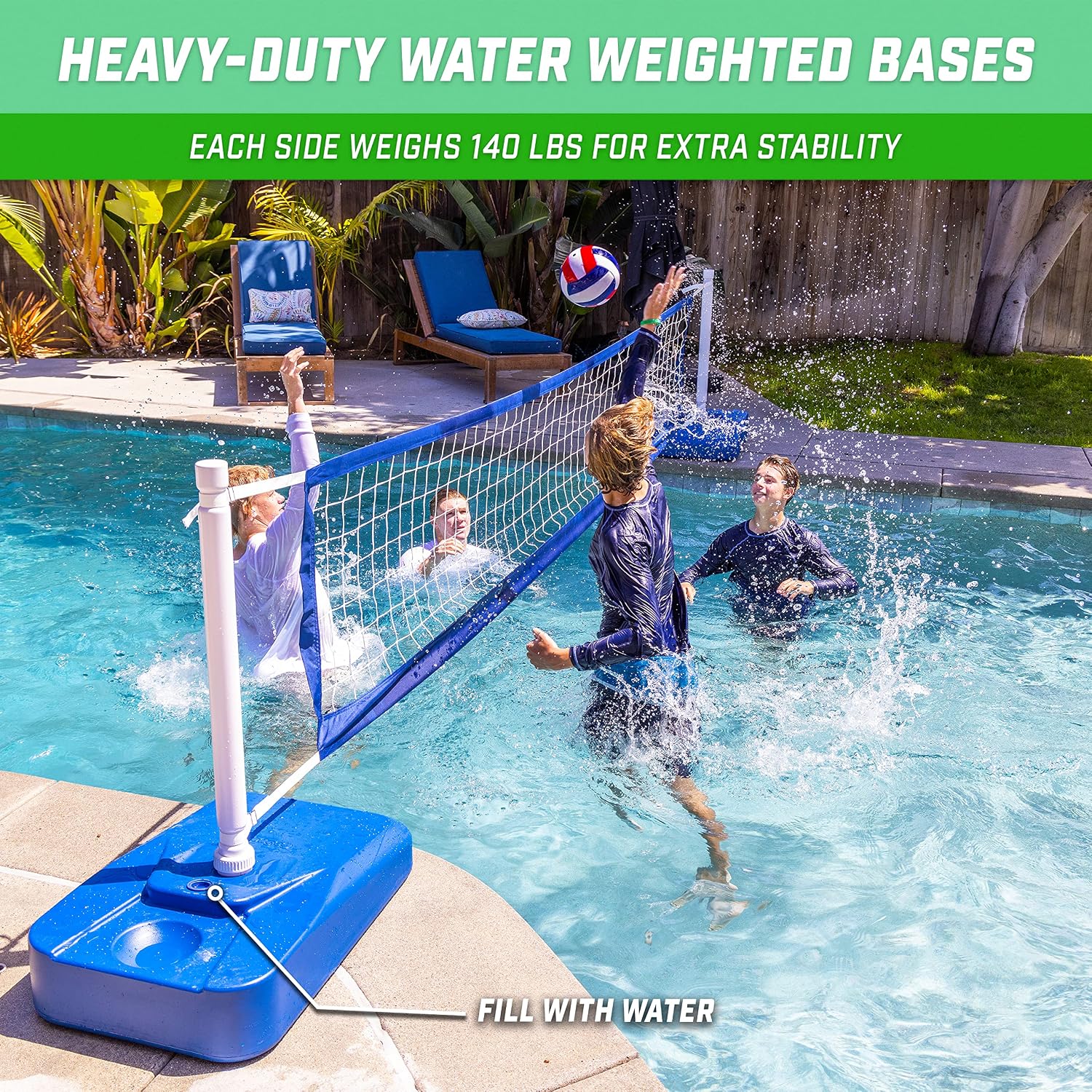 GoSports Splash Net Elite Pool Volleyball Game with Water Weighted Bases - Adjustable Net for Inground Pools